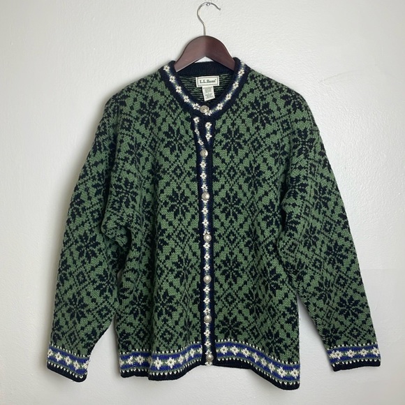 L.L. Bean Sweaters - Vintage LL Bean Snowflake Cardigan Made in USA Wool Ugly Sweater Fair Isle
